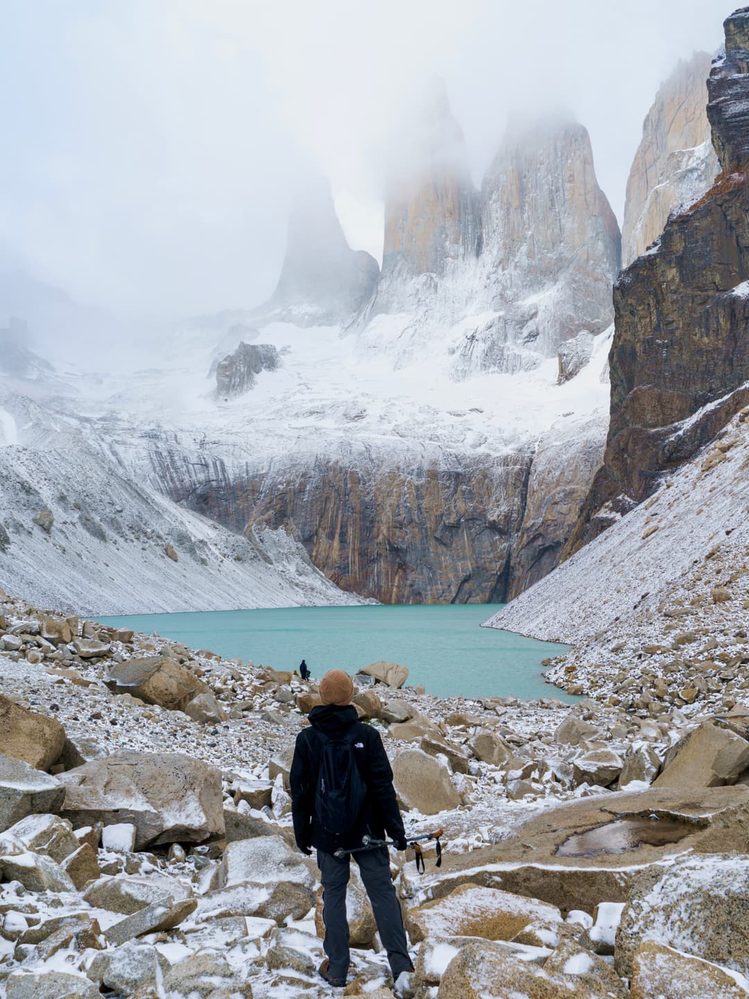 Jinzhou Wu standing in front of Base Torres in Torres del Paine National Park, Chile.